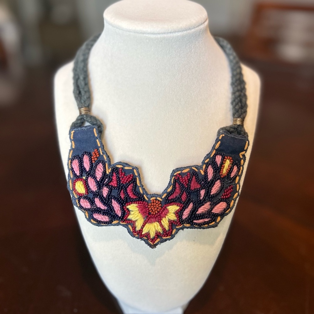 Elegant Floral Embroidered Necklace with Pink and Yellow Accents